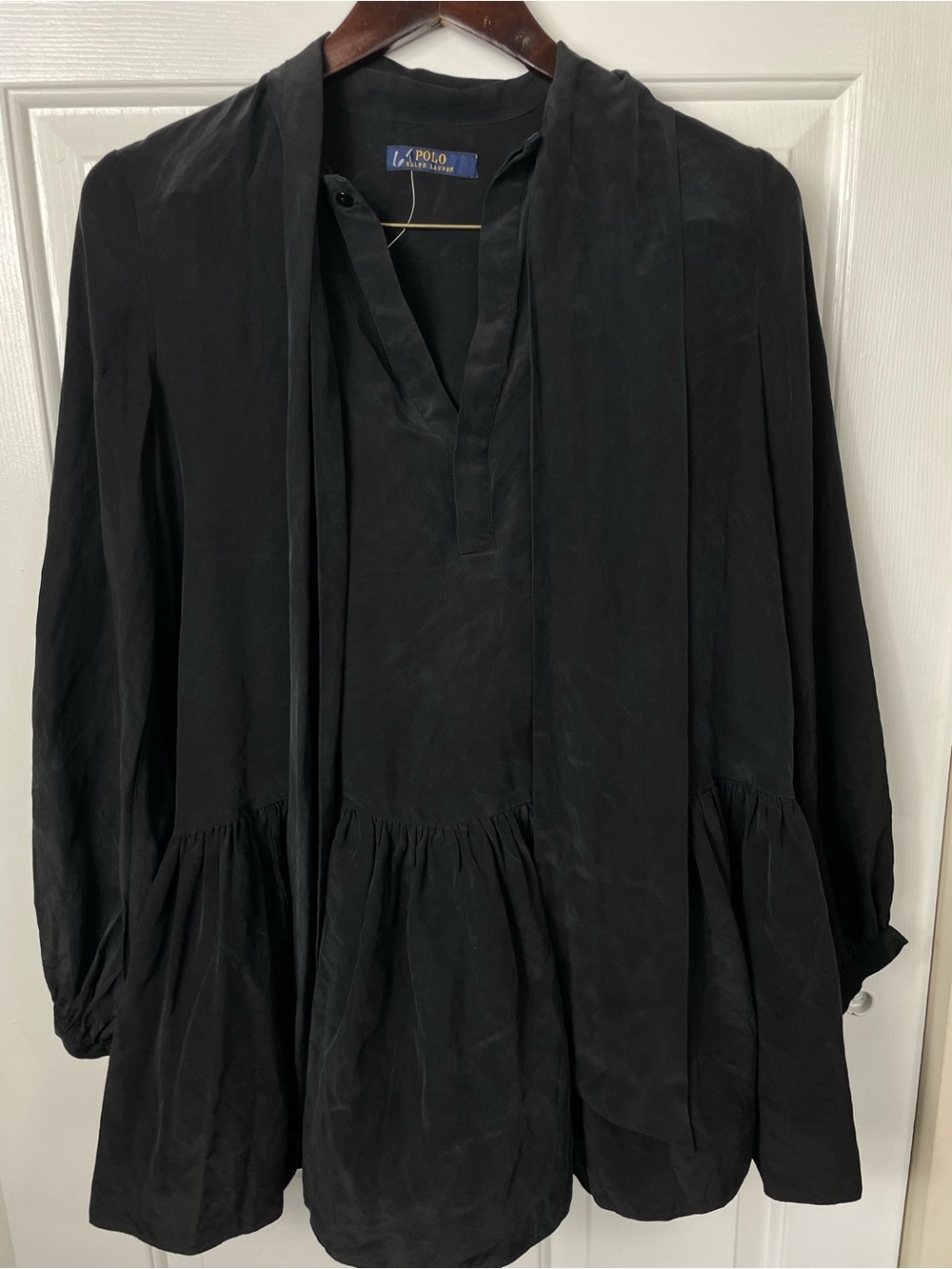NWOT‎ $398 Polo Ralph Lauren M Ruffles 100% Silk Blouse Black Women’s Medium